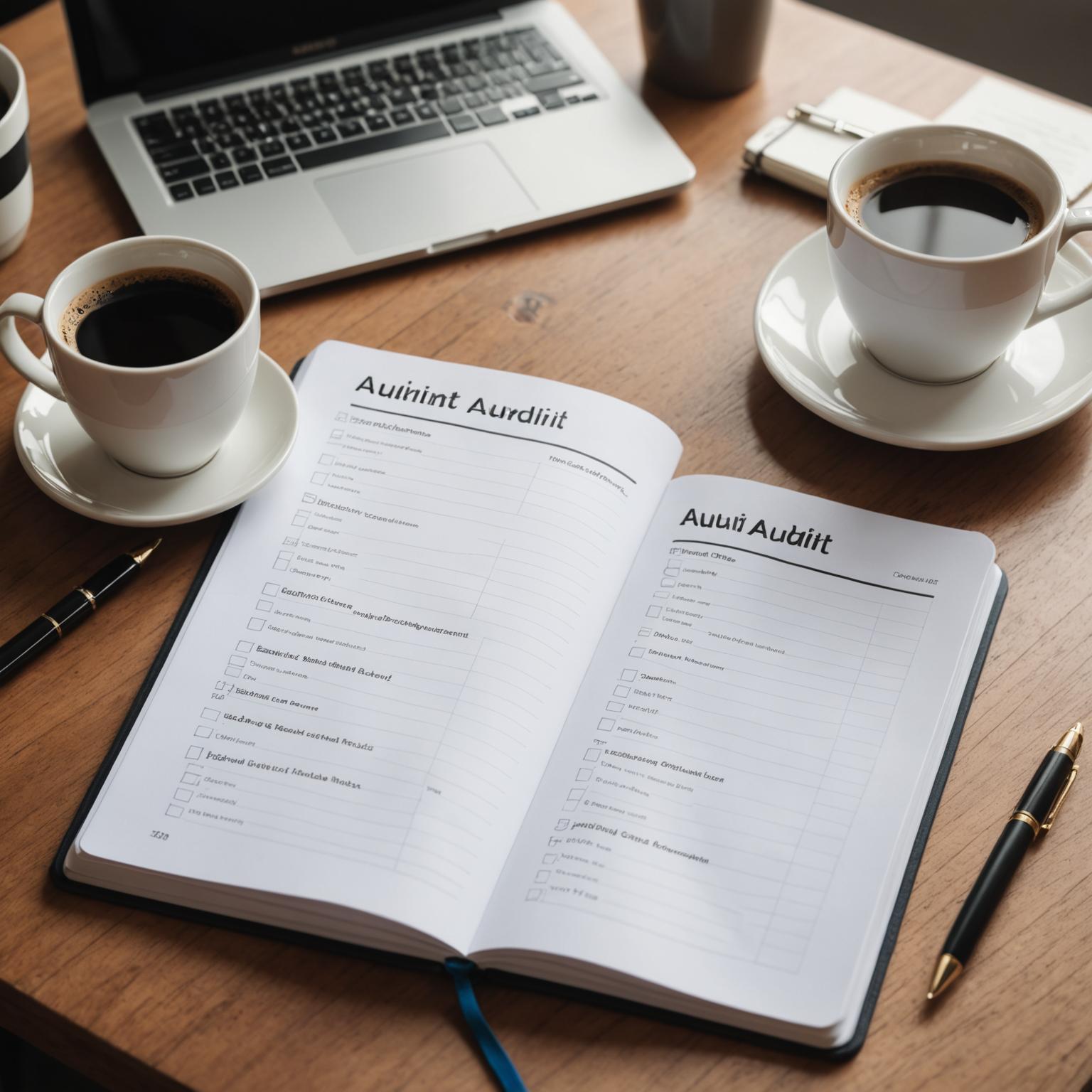 Notebook with brand audit checklist on a desk