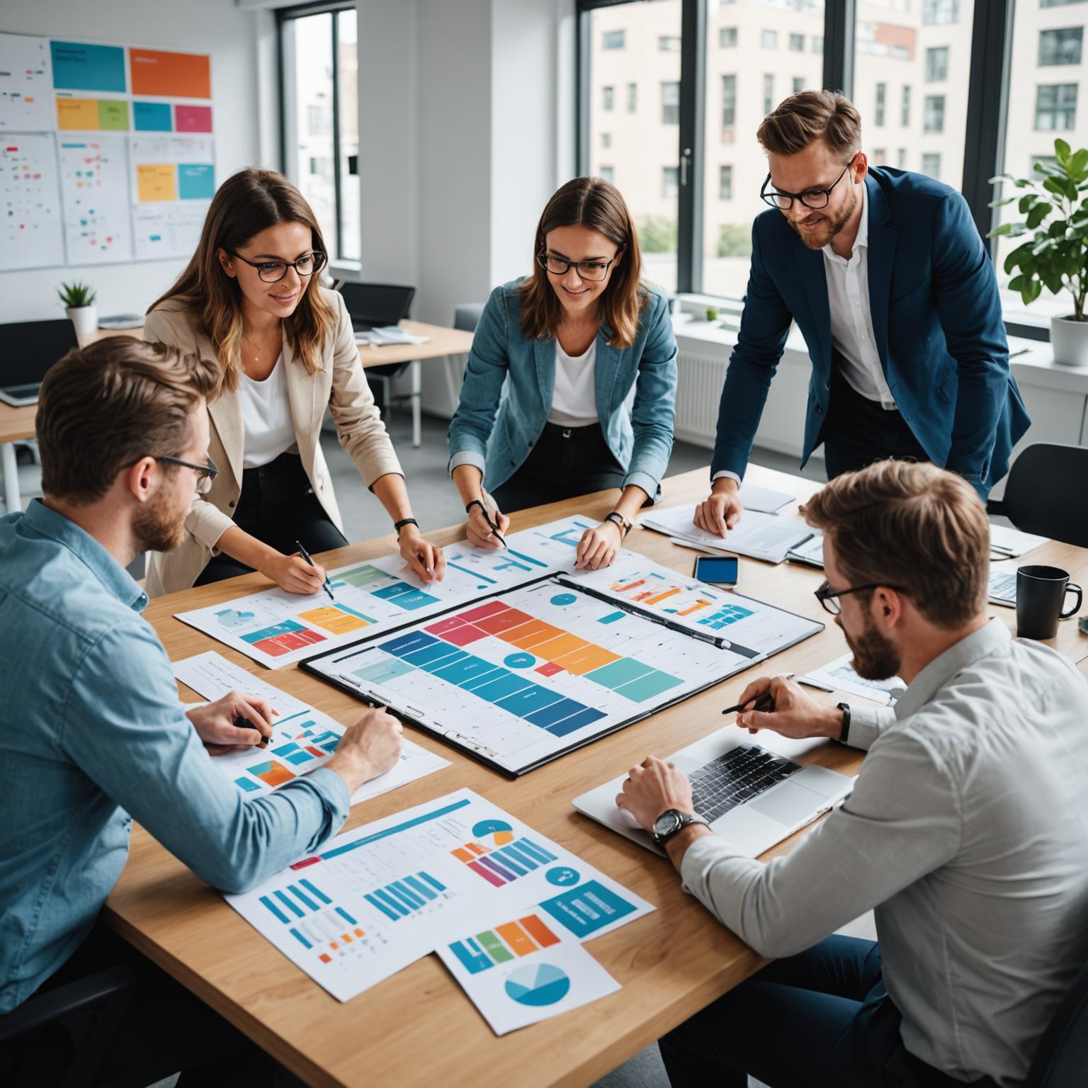 Creative team planning a content campaign with storyboards and channel strategy maps