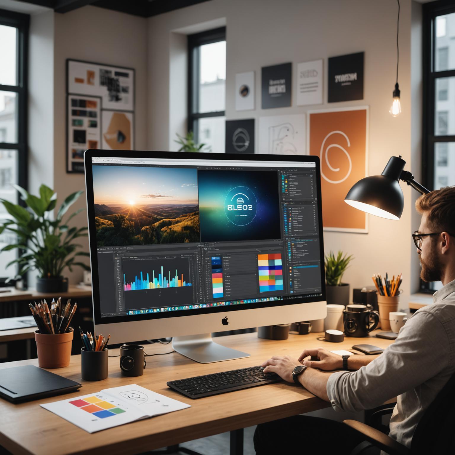 Designer refining a brand identity system with logo variations and colour palettes