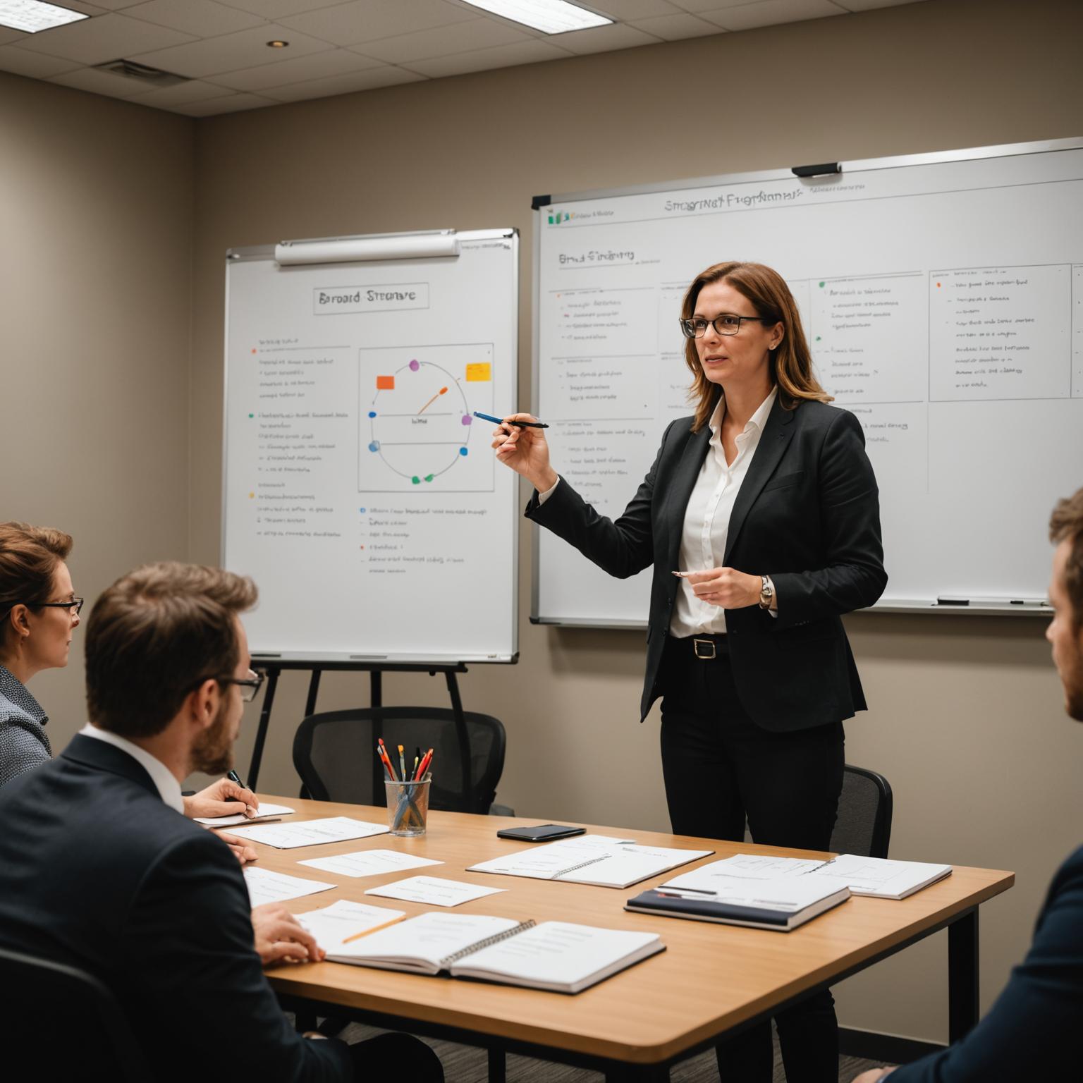 Brand strategy workshop with team members mapping out positioning on a whiteboard
